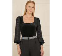 Black Velvet Bodysuit With Sheer Sleeves And Square Neckline Mela Black 14