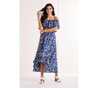 Mela Blue Ditsy Print Bardot Dipped Hem Dress Blue 10