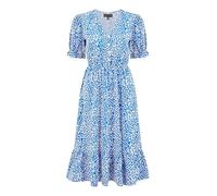 Mela London Mela Blue Leopard Print Midi Dress with Puff Sleeves and Split Hem 10 Blue