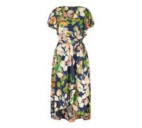 Mela London Mela Navy Floral Satin Wrap Over Midi Dress with Frill Sleeve 10 Navy