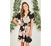 Mela London Mela Black Blossom Print Wrap Dress with Puff Sleeves 10 Black