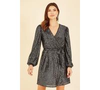 Mela Women's Black Sequin Belted Wrap Long Sleeve Dress | Size: 10 Mela Black 10