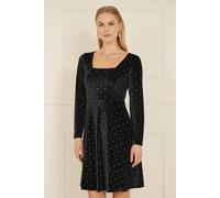 Mela Women's Black Skater Dress With Diamantes & Long Sleeve | Size: 8