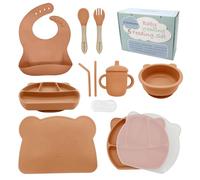 Melabama Silicone Baby Feeding Set - 10 Piece BPA-Free Weaning Kit with Adjustable Bib Suction Bowl Plate with Lid 3-in-1 Cup Non-Slip Placemat Finger Toothbrush Spoons and Forks (Bunny Biscuit)