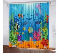 MELABE Cartoon Underwater World Blackout Curtains Bedroom, Seaweed Shell Jellyfish 3D Print Pattern Eyelet Thermal Insulated Blackout Curtains for Kids Boys Girls Playroom 58.5W x 137H