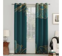 MELABE Emerald Green Gold 2 Panels Set Blackout Eyelet Curtains, Floral Super Soft Thermal Insulated Curtains 3D Printed Window Treatment Drapes for Bedroom Living Room Nursery 2 x 100W x 214H cm