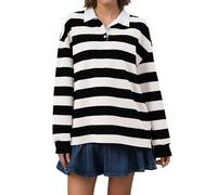 Meladyan Rugby Shirt Women Polo Striped Sweatshirt Oversized Long Sleeve Lapel V Neck Pullover Top Y2K Streetwear Blouses, Black-white, L
