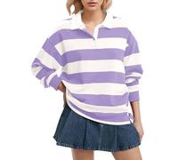 Meladyan Womens Rugby Polo Shirt Striped Oversized Long Sleeve Lapel V Neck Pullover Y2K Street Shirt