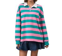 Meladyan Womens Rugby Polo Shirt Striped Oversized Long Sleeve Lapel V Neck Pullover Y2K Street Shirt