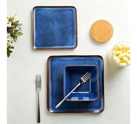 Melamine Dinnerware Set, 12-Piece Blue Square Plates and Bowls for 4 | Unbreakable Dishes Set, Outdoor Use, Lightweight Dishware Set for Camping,Patio and RV, Dishwasher Safe