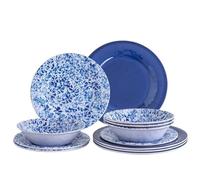 Melamine Dinnerware Set, 12 Piece Service for 4, Blue and White Porcelain Tableware Dishes for Indoor and Outdoor Use, Unbreakable Plates and Bowls Sets, Dishwasher Safe BPA Free