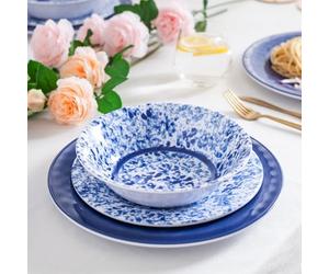 Melamine Dinnerware Set, 12 Piece Service for 4, Blue and White Porcelain Tableware Dishes for Indoor and Outdoor Use, Unbreakable Plates and Bowls Sets, Dishwasher Safe BPA Free