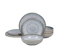Melamine Dinnerware Sets 12 PCS - Service for 4 Plates & Bowls Sets Dishwasher Top-Shelf Safe, BPA Free Dinner Dishes Set for Everyday Use-Granite Pattern Gray