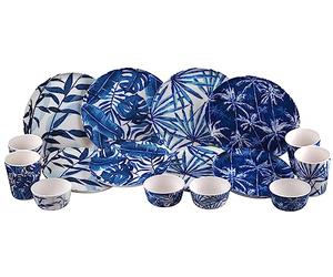 Melamine Plastic Dining Set - Plate Cups Bowl - Blue Tropical Leaf - 16 Piece