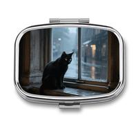 Melancholy Cat Pill Box with 2 Compartments, Portable Medicine Pill Organizer for Pocket or Purse, Decorative Metal Medicine and Vitamins Organizer