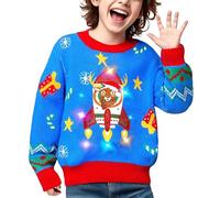 MELAND Christmas Jumper Kids, Blue Rocket Reindeer Light up Christmas Jumper for Girls Boys Age 5-16 Years Old, Unisex Ugly Xmas Sweater for Kids (8-10 Years)