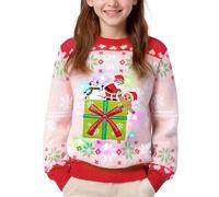 MELAND Christmas Jumper Kids, Pink Santa Gift Light up Christmas Jumper for Girls Boys Age 5-16 Years Old, Unisex Ugly Xmas Sweater for Kids (14-16 Years)