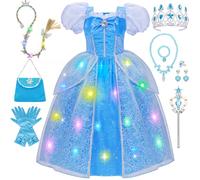 MELAND Princess Costumes for Girls, Blue Light Up Princess Dress Up for Girls Age 3-10, Fancy Dress for Kids & Toddlers Christmas (L)