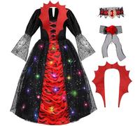 MELAND Vampire Costume Kids Girls Halloween Costumes for Kids Light Up Halloween Costumes Red Vampire Dress for Girls Age 4-14 Years Old(M)