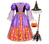 Melatots Witch Costume Kids, Light Up Halloween Dress for Girls Ages 3-10 | Complete Halloween Witch Look with Glowing Broom, Hat, Pumpkin Bag for Trick-or-treating