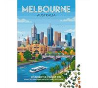 Melbourne Cityscape with River And Boat 1000 Piece Jigsaw Puzzle, Old Europe Travel Artwork, 1000 Pieces for Adults, Birthday Gift for Puzzle Lovers, Relaxing Challenge, 52x38cm/1000pcs