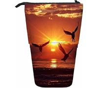 Melbrakin Birds Telescopic Pencil Stationery Case Pens Storage Box with Zipper Closure for Women Men Boys Girls Nature Light Silhouettes Fly Wings Sunrise Dusk River Ocean Sky Sunshine Cloud