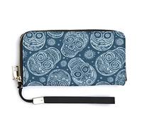 Melbrakin Blue Vintage Ethnic Dead Skull Women's Wristlet Wallet Large Capacity Wallets for Ladies Long Clutch Bags Printed PU Handbag with Zipper