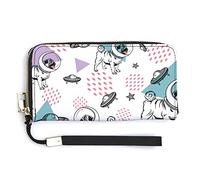 Melbrakin Cute Pug Astronauts and Geometric Figures Women's Wristlet Wallet Large Capacity Wallets for Ladies Long Clutch Bags Printed PU Handbag with Zipper