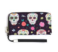 Melbrakin Day of The Dead Sugar Skulls and Flowers Women's Wristlet Wallet Large Capacity Wallets for Ladies Long Clutch Bags Printed PU Handbag with Zipper