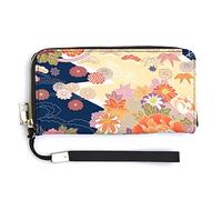 Melbrakin Japanese Kimono Motifs Composition Floral Patterns Women's Wristlet Wallet Large Capacity Wallets for Ladies Long Clutch Bags Printed PU Handbag with Zipper