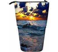 Melbrakin Ocean Telescopic Pencil Stationery Case Pens Storage Box with Zipper Closure for Women Men Boys Girls Rock Stone Sea Sky Landscape Cloud Sunshine Sun Dusk Nature Wave Lake River