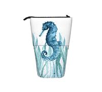 Melbrakin Pencil Case Seahorse Blue Watercolor Seaweed Pen Telescopic Holder Stationery Storage Stand Pouch School Supplies for Student Artist Office Nurse