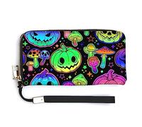 Melbrakin Women's Pu Wallets Cell Phone Case Holster Bag Cute Large Capacity Zipper Handbag Purse for Girls Ladies Compatible with Halloween Trippy Mushroom Pumpkin Wallet