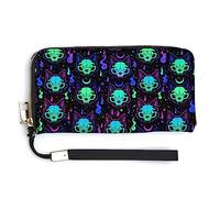 Melbrakin Women's Pu Wallets Cell Phone Case Holster Bag Cute Large Capacity Zipper Handbag Purse For Girls Ladies Compatible with Halloween Trippy Goth Black Cat Skull Wallet