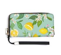 Melbrakin Women's Pu Wallets Cell Phone Case Holster Bag Cute Large Capacity Zipper Handbag Purse for Girls Ladies Compatible with Tropical Fruits Mint Green Leaves Flowers Watercolor Lemon Wallet