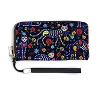 Melbrakin Women's Pu Wallets Cell Phone Case Holster Bag Cute Large Capacity Zipper Handbag Purse for Girls Ladies Compatible with Day of The Dead Black Cat Rose Sugar Skull Skeleton Wallet