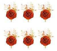 Meldel Burnt Orange Velvet Rose Boutonniere for Men,Set of 6,Groom and Best Man Boutonnieres with Artificial Flower,for Wedding Ceremony Anniversary, Dinner Party, Fall Vintage Rustic Marriage Prom