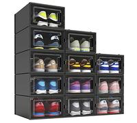 MELDEVO 12 Pack Shoe Organizer Boxes, Black Plastic Stackable Shoe Storage Bins For Closet, Space Saving Shoe Holder Sneaker Display Case for Medium Size Shoes