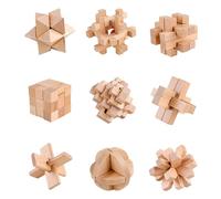 Melearch 9pcs Brain Teaser Wooden Puzzles, 3D Mind IQ Test Unlock Toy Jigsaw, Interlock Challenge Puzzle Game Educational Toy Gift for Kids Teens Adults, A