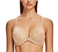 MELENECA Front Fastening Bras for Women Plus Size Underwire Unlined Lace Cup Cushion Strap Almond 48DD
