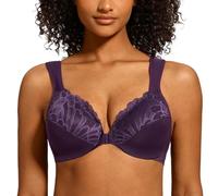 MELENECA Front Fastening Bras for Women Plus Size Underwire Unlined Lace Cup Cushion Strap Purple 44D