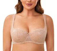 MELENECA Women's Balconette Bra with Padded Strap Half Cup Underwire Sexy Lace Beige 44DD