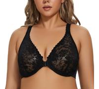 MELENECA Women's Front Fastening Underwire Plus Size Racerback Non Padded Sexy Lace Bra Black 38F