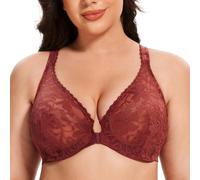 MELENECA Women's Front Fastening Underwire Plus Size Racerback Non Padded Sexy Lace Bra Cabernet Red 46B