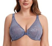 MELENECA Women's Plus Size Front Closure No Padding Full Coverage Lace Underwire Bra Slate Blue 42D