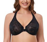 MELENECA Women's Plus Size Racerback Unlined Lace Underwire Front Closure Bra Black 46E