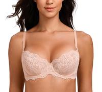 MELENECA Women's Sexy Lace Push Up Plus Size Sheer Balconette Underwire Unlined Bra Beige 36E