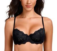 MELENECA Women's Sexy Lace Push Up Plus Size Sheer Balconette Underwire Unlined Bra Black 36F