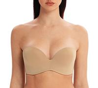 MELENECA Women's Wireless Stay-Put Seamless Lightly Padded Push Up Strapless Bra Almond 34D