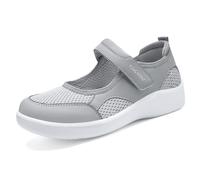 MELGONMG Women's Mesh Flat Mary Jane Walking Shoes with Arch Support Comfort Round Toe Light Breathable Casual Flats for Daily Leisure Walk Fashion Mam Shoes with Adjust Hook Loop, Grey, 6 UK